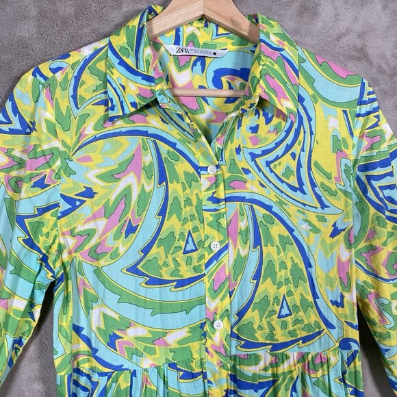 Zara Maxi Shirt Dress M Printed Colorful Vibrant Maximalism Lightweight Tiered - Picture 5 of 16